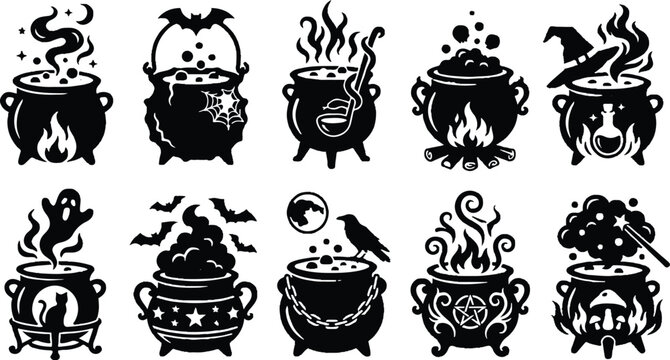 Black cauldron icons with magic symbols and fire
