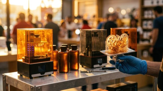 Bright tech-store display of translucent resin 3D printers, UV-curing lids, and amber resin bottles arranged on a brushed aluminum shelf. A sliced engineering figurine, build platform, and nitrile