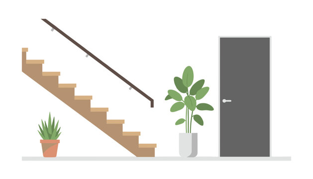 Minimalist staircase design with wooden steps and a railing adjacent to a dark grey door and a lush potted plant in a bright hallway setting.