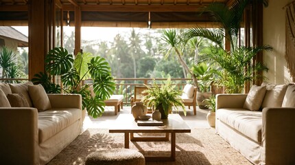Fototapeta premium Tropical Bali Living Room with Open Space Natural Design