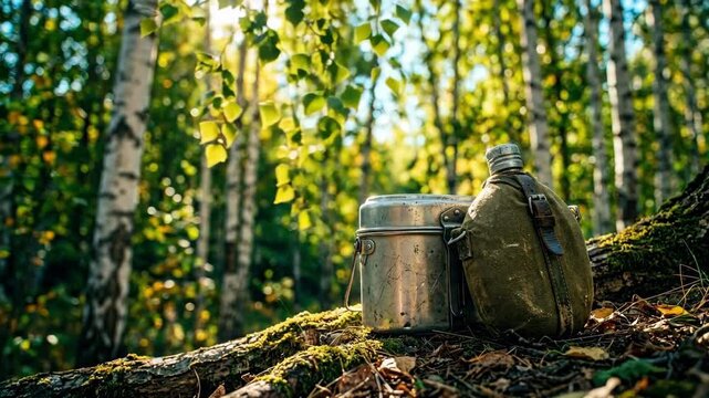 Vintage military canteen and mess kit on mossy log in birch forest. WWII soldier gear in autumn woodland. Remembrance symbol for victory day celebration