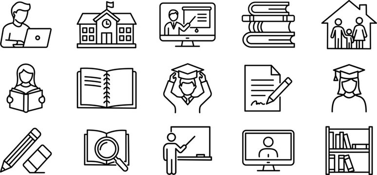 Education icons set with school learning and online university study elements