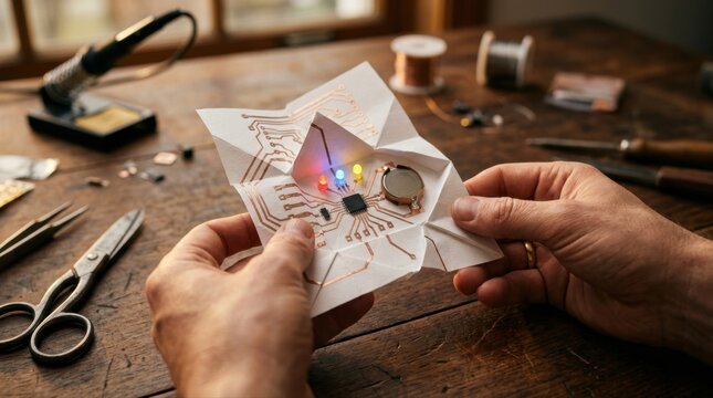 Hands fold a white paper sheet printed with copper traces into a circuit-board shape, exposing a tiny microcontroller, surface-mount LEDs, and a coin-cell battery; origami creases, solder pads, and