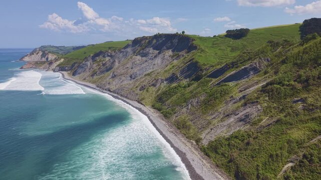 Coastal cliffs and ocean aerial panoramic landscape. Flysch Begiratokia - Baratzazarrak. Deva, Gipuzkoa, Spain.