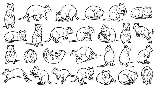 Quokka line art set featuring playful marsupials in various poses for nature illustration and wildlife graphic design projects
