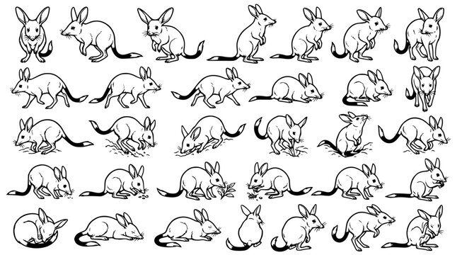 Detailed set of bilby character illustrations in various active and resting poses rendered as clean black and white line art for design and educational purposes