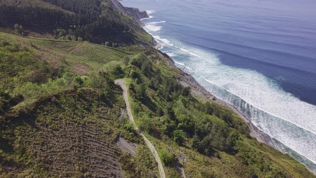 Rocky coastline and green cliffs aerial landscape. Flysch Begiratokia - Baratzazarrak. Deva, Gipuzkoa, Spain.