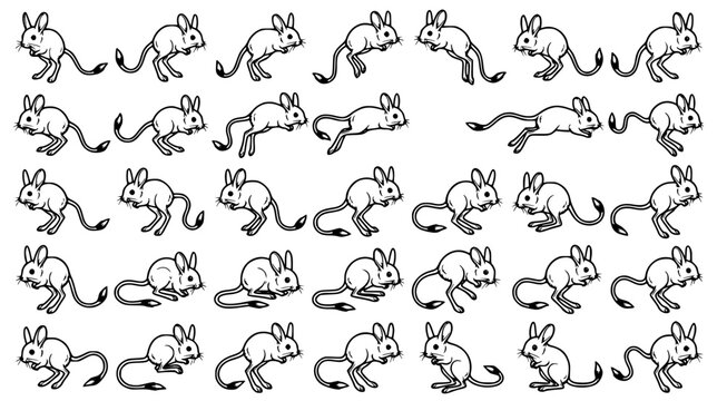 Collection of jerboa illustrations featuring various jumping and resting poses in a clean black and white line art style for wildlife and desert animal design assets