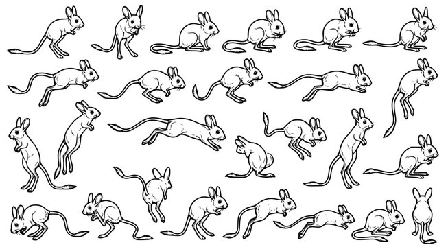 Set of jerboa illustrations showcasing diverse jumping and foraging behaviors in a clean black and white line art style for desert animal themed creative design projects