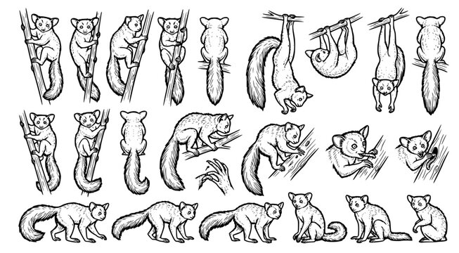 Detailed collection of galago or bushbaby line art illustrations showing climbing and sitting poses for wildlife and primate educational design projects