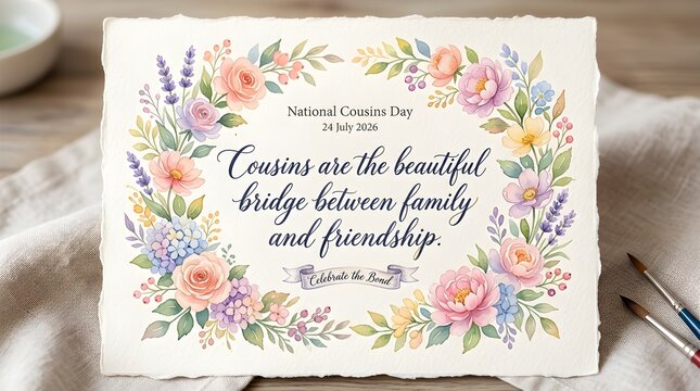 Floral quote card, cousins are the beautiful bridge, family friendship, watercolor flowers