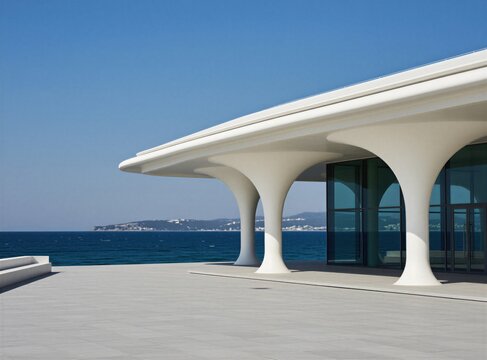 Modern white building with curved columns stands by blue sea. Clear sky overhead, distant coastline visible. Clean minimalist exterior design by ocean.