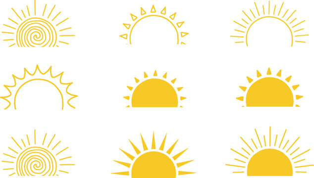 Yellow Sunrise and Sunset Half Sun Icon Set with Hand Drawn Sunburst Rays Symbols for Summer Backgrounds, Weather Apps, and Creative Graphic Designs