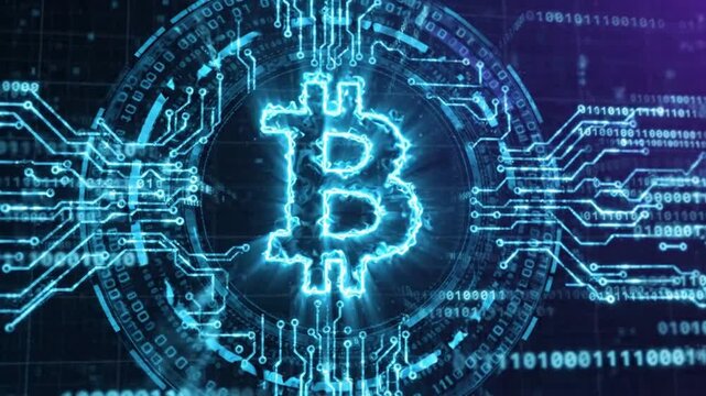 Glowing bitcoin symbol with digital circuitry and binary data stream animation for cryptocurrency, blockchain technology, and fintech concepts