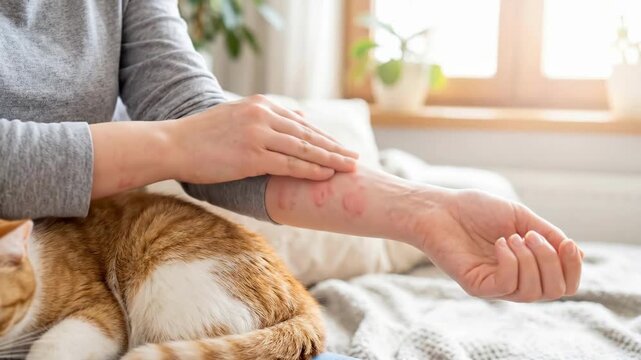 Woman scratching red itchy rash on arms from cat allergy reaction. Sitting on bed with pet orange tabby cat in cozy bedroom
