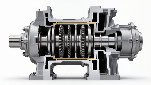 Multistage centrifugal compressor impeller barrel casing cross-section view, white background