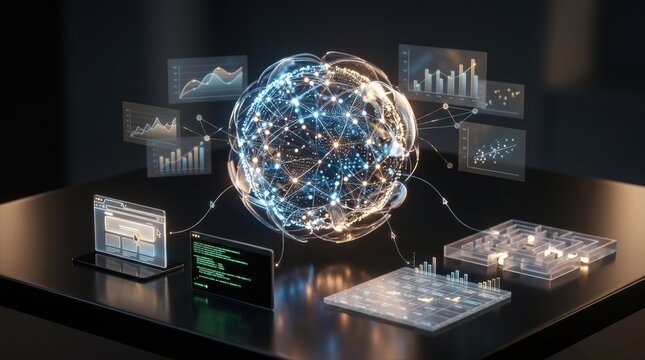 Glowing neural-network sphere hovers over four miniature digital environments: a web browser, a code terminal, a spreadsheet grid, and a 3D maze; holographic benchmark charts, data nodes, and cursor