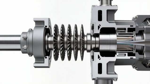 Multistage axial turbine rotor with generator cross-section view, white background