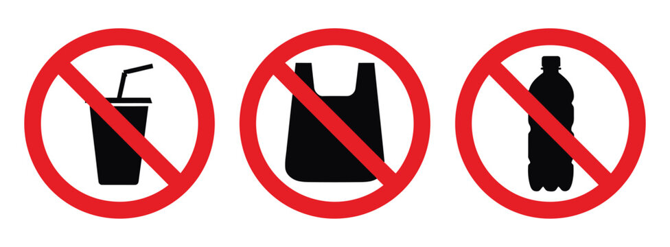 No Plastic Sign, plastic bag, glass bottle and drink cup prohibition symbols, environmental protection warning vector design