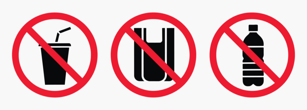 No Plastic Sign, prohibition symbols for plastic bag, glass bottle and drink cup, environmental warning label vector illustration design