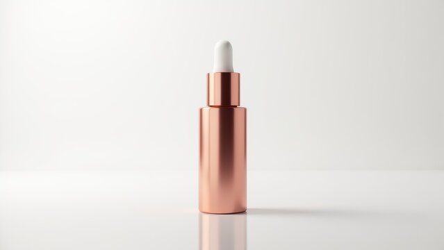 rose gold serum bottle on white acrylic