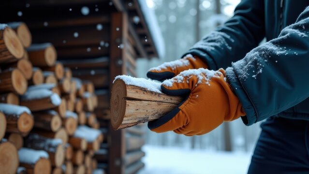gloved hands stack firewood by winter cabin