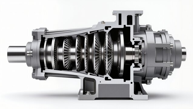 Multistage centrifugal pump impeller rotor barrel cross-section view, white background