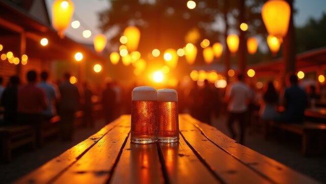 octoberfest beer garden at dusk