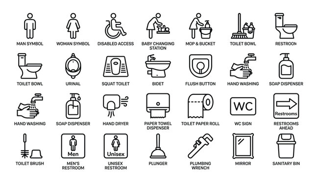A comprehensive set of modern line vector icons representing various restroom and bathroom related elements with accessibility options.
