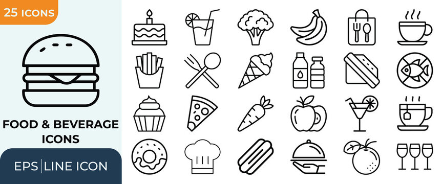 Food and beverage line icons featuring restaurant menu items kitchen tools and delicious meal icons.