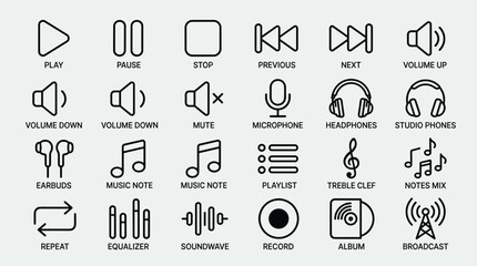 Fototapeta premium Audio player interface linear icons set, multimedia control buttons and music related symbols, headphones and sound adjustments outline pictogram collection.