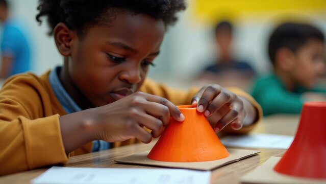 young boy glues volcano model at science fair