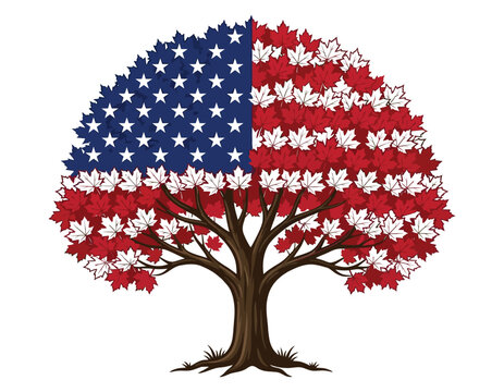 American patriotism concept with a tree composed of stars and maple leaves on a white background