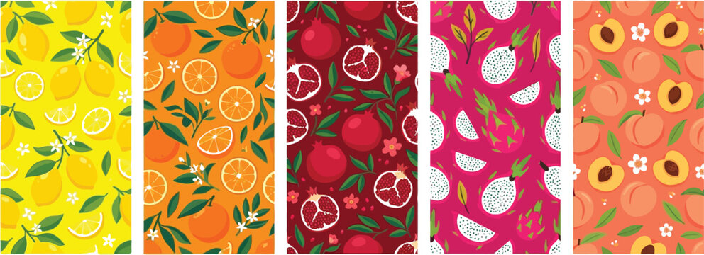Seamless fruit pattern collection with tropical and citrus fruits