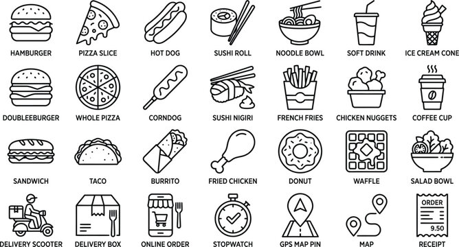 Fast food and digital delivery service outline icons for web design