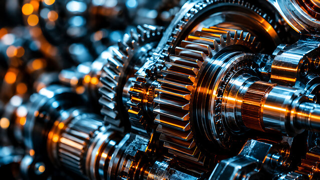 Industrial metal gears and mechanical clockwork parts, intricate steel machinery engine components, heavy duty metallic gear system with cinematic lighting isolated on White Background ai