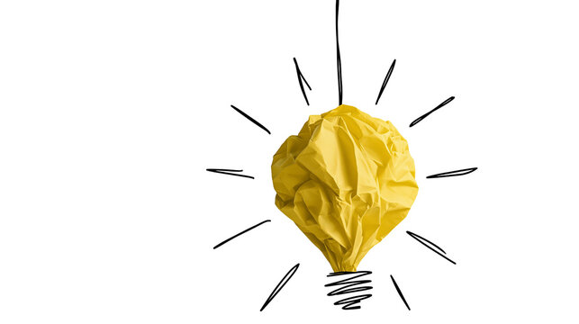 Yellow crumpled paper lightbulb with hand-drawn rays, isolated on transparent background
