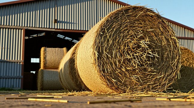 Large straw bales sit near farm storage building with corrugated metal walls. Harvested crop rests outdoors in sunlight near barn. Dry hay awaits transport or use as animal fodder.