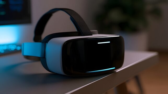 A close up view of a minimalist VR visor resting on a matte workstation with subtle blue neon data lights creating a refined technological lifestyle