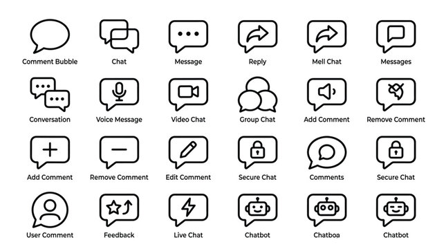 Comment bubble and chatbot interaction icons set including conversation voice message video chat secure chat live feedback and automated assistant responses set.