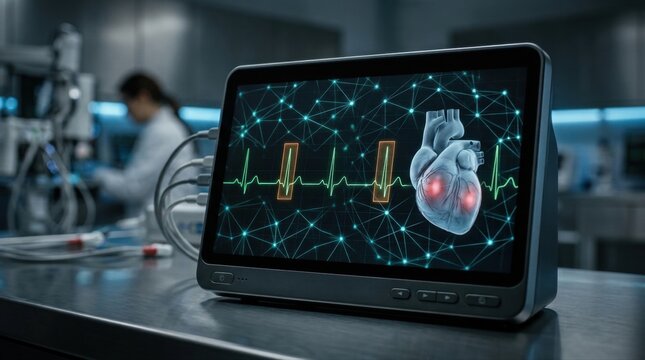 Clinical ECG monitor showing a sharp waveform, highlighted QRS complexes, heart anatomy overlay, and a neural-network grid, visualizing biomarker detection for arrhythmia risk and sudden cardiac death