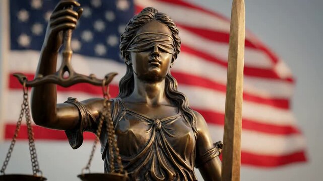 Lady justice statue with waving american flag background, legal system and, law concept, themis blindfolded