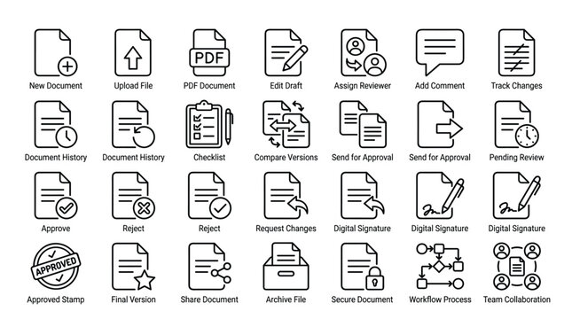 Document management and workflow icons featuring new document upload file pdf document edit draft assign reviewer add comment track changes document history check.