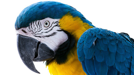 Close-up portrait of a blue and yellow macaw parrot, isolated on transparent background © PNGera