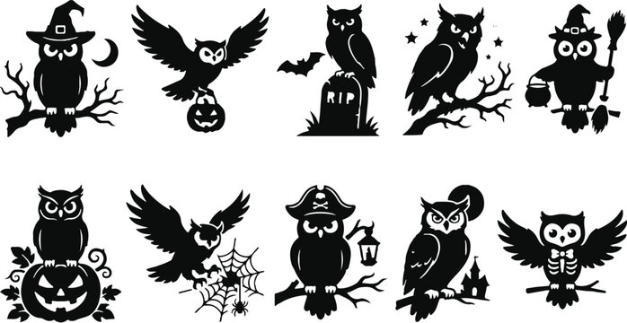 Halloween owl icons with spooky elements