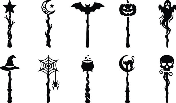 Halloween magic wands with spooky symbols