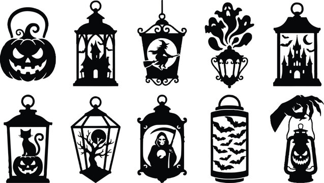 Halloween lantern icons with spooky silhouettes