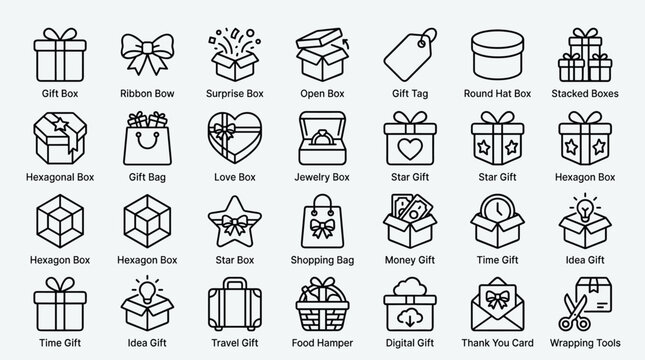 Elegant gift box and present collection icons for celebration and shopping design themes showing variety of packages ribbon bows and festive container styles.