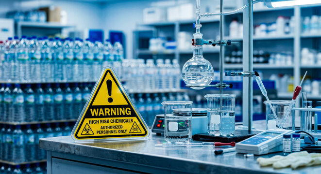 Warning sign with chemicals in laboratory for water testing