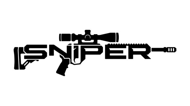 Design an award-winning minimalist vector logo where the word "SNIPER" is seamlessly transformed into the silhouette of a precision marksman rifle. The typography and the rifle must become a single un